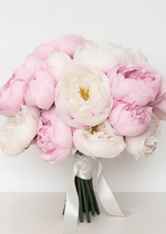 Artificial wedding bridal bouquet with pink and ivory faux peonies, golden flower centres and white ribbon tails. Made in Melbourne by Flowers For Ever After, shipping Australia and Worldwide.