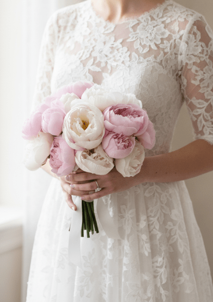 Artificial wedding bouquet held by a person in a lace dress, with pink and ivory faux peonies and white-wrapped stems. Made in Melbourne by Flowers For Ever After, shipping Australia and Worldwide.
