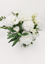 Artificial wedding bridal bouquet, angled view of white faux roses, round white blooms and branching greenery. Made in Melbourne by Flowers For Ever After, shipping Australia and Worldwide.