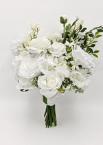 Artificial wedding bridal bouquet with white faux roses, round white blooms, small white flowers and branching green foliage. Made in Melbourne by Flowers For Ever After, shipping Australia and Worldwide.