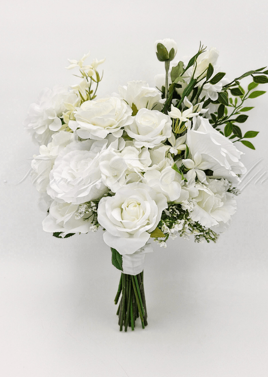 Artificial wedding bridal bouquet with white faux roses, round white blooms, small white flowers and branching green foliage. Made in Melbourne by Flowers For Ever After, shipping Australia and Worldwide.