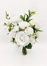 Artificial wedding bridesmaid bouquet, front view of white faux roses, round white blooms and branching green foliage. Made in Melbourne by Flowers For Ever After, shipping Australia and Worldwide.