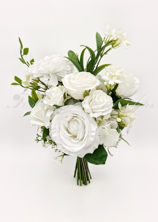 Artificial wedding bridesmaid bouquet, front view of white faux roses, round white blooms and branching green foliage. Made in Melbourne by Flowers For Ever After, shipping Australia and Worldwide.