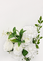 Artificial wedding bridesmaid bouquet, reverse view of white faux roses, round white blooms and green foliage. Made in Melbourne by Flowers For Ever After, shipping Australia and Worldwide.