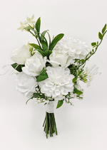 Artificial wedding bridesmaid bouquet with white faux roses, round white blooms, small white flowers and branching green foliage. Made in Melbourne by Flowers For Ever After, shipping Australia and Worldwide.