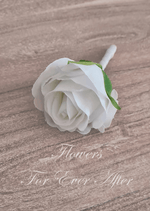 Artificial wedding boutonniere, side view of a white faux rose with a smaller dusty pink rose, pale berries and delicate green foliage. For formals, proms and ball occasions. Made in Melbourne by Flowers For Ever After, shipping Australia and Worldwide.