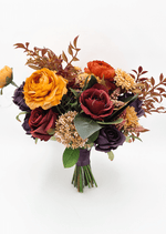 Artificial wedding bridal bouquet close-up with orange, yellow and burgundy faux flowers and green leaves. Made in Melbourne by Flowers For Ever After, shipping Australia and Worldwide.