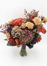 Artificial wedding bridal bouquet with orange, yellow and burgundy faux flowers, green foliage and ribbon-wrapped stems. Made in Melbourne by Flowers For Ever After, shipping Australia and Worldwide.