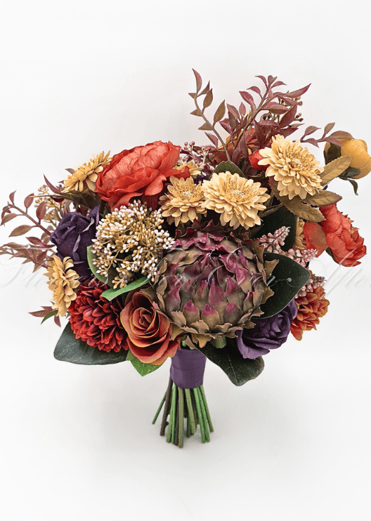 Artificial wedding bridal bouquet with orange, yellow and burgundy faux flowers, green foliage and ribbon-wrapped stems. Made in Melbourne by Flowers For Ever After, shipping Australia and Worldwide.