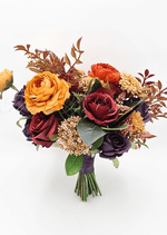 Artificial wedding bridal bouquet, top view of orange, yellow and burgundy faux blooms and greenery. Made in Melbourne by Flowers For Ever After, shipping Australia and Worldwide.