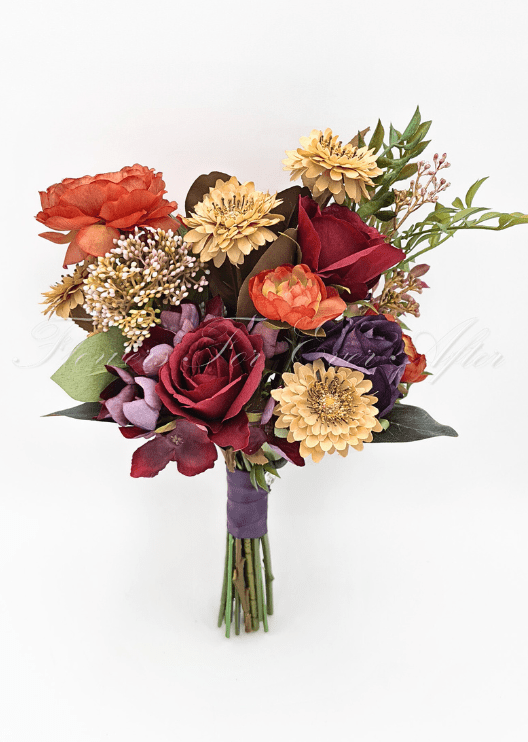 Artificial wedding boutonniere with an orange faux bloom and green foliage, with wrapped stems. For formals, proms and ball occasions. Made in Melbourne by Flowers For Ever After, shipping Australia and Worldwide.