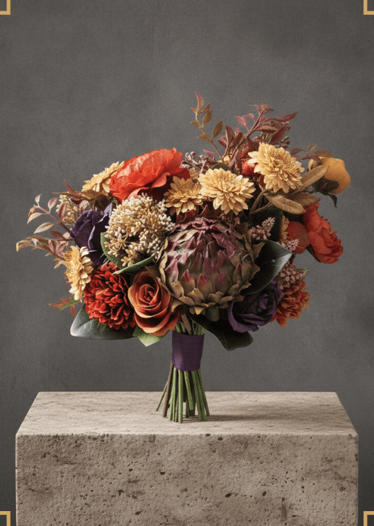 Artificial wedding bridal bouquet with warm orange and yellow faux flowers, burgundy blooms, greenery and trailing ribbon. Made in Melbourne by Flowers For Ever After, shipping Australia and Worldwide.