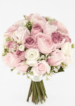 Artificial wedding bridal bouquet with blush pink faux peonies, dusty pink roses, ivory ranunculus and small white flower sprigs. Made in Melbourne by Flowers For Ever After, shipping Australia and Worldwide.