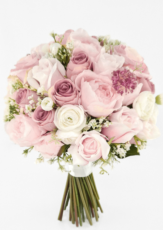 Artificial wedding bridal bouquet with blush pink faux peonies, dusty pink roses, ivory ranunculus and small white flower sprigs. Made in Melbourne by Flowers For Ever After, shipping Australia and Worldwide.
