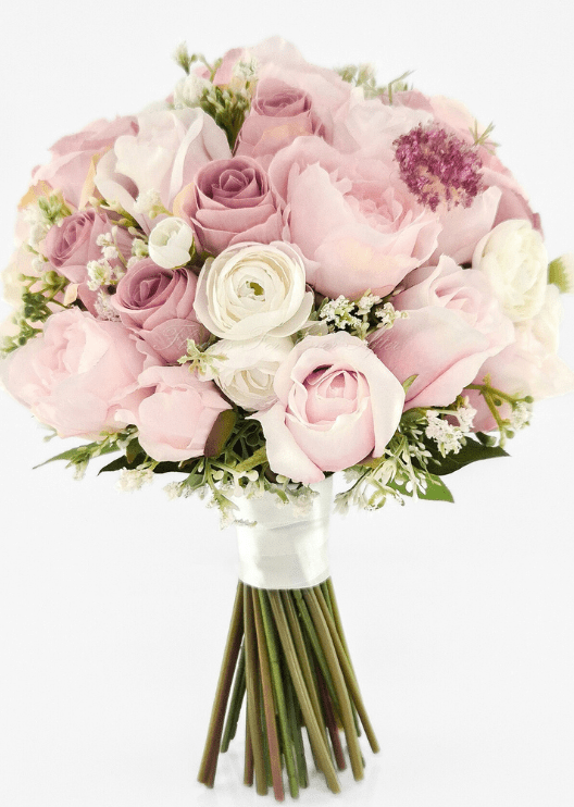 Artificial wedding bridal bouquet with blush faux peonies, dusty pink roses, ivory ranunculus and white-wrapped stems. Made in Melbourne by Flowers For Ever After, shipping Australia and Worldwide.