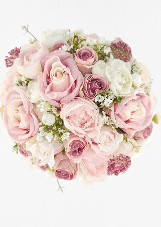Artificial wedding bouquet, overhead view of blush faux peonies, dusty pink roses, ivory ranunculus and mauve flower heads. Made in Melbourne by Flowers For Ever After, shipping Australia and Worldwide.