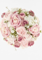 Artificial wedding bouquet, overhead view of blush faux peonies, dusty pink roses, ivory ranunculus and mauve flower heads. Made in Melbourne by Flowers For Ever After, shipping Australia and Worldwide.