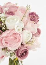Artificial wedding bouquet detail showing blush faux peony, ivory ranunculus, dusty pink rose and mauve textured flower head. Made in Melbourne by Flowers For Ever After, shipping Australia and Worldwide.
