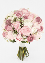 Artificial wedding bridal bouquet, front view of blush faux peonies, dusty pink roses, ivory ranunculus and mauve textured flower heads. Made in Melbourne by Flowers For Ever After, shipping Australia and Worldwide.