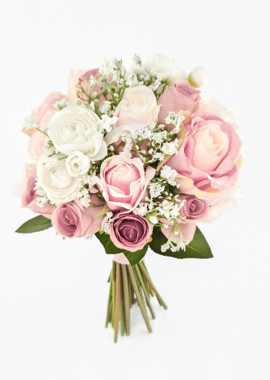 Artificial wedding bridesmaid bouquet, angled view of pink faux roses, blush peonies, ivory ranunculus and tiny white flowers. Made in Melbourne by Flowers For Ever After, shipping Australia and Worldwide.
