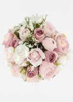 Artificial wedding bouquet, overhead view of blush faux peonies, dusty pink roses, ivory ranunculus and white flower sprigs. Made in Melbourne by Flowers For Ever After, shipping Australia and Worldwide.