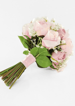 Artificial wedding bouquet, reverse side view of blush faux flowers, broad green leaves, pink wrapping and gathered stems. Made in Melbourne by Flowers For Ever After, shipping Australia and Worldwide.