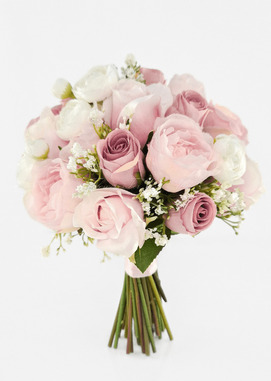 Artificial wedding bridesmaid bouquet with blush faux peonies, dusty pink roses, ivory ranunculus and tiny white filler flowers. Made in Melbourne by Flowers For Ever After, shipping Australia and Worldwide.