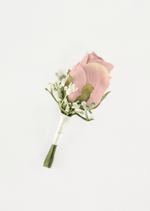 Artificial wedding boutonniere with a dusty pink faux rosebud, tiny white flowers and white-wrapped stems. For formals, proms and ball occasions. Made in Melbourne by Flowers For Ever After, shipping Australia and Worldwide.