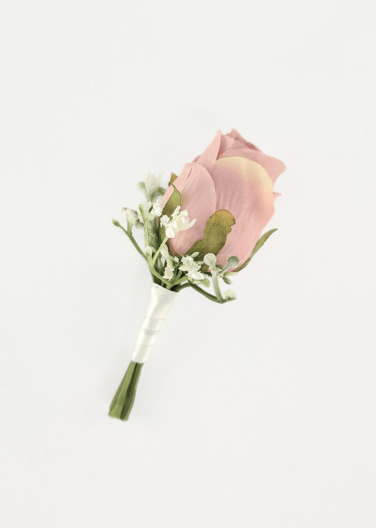 Artificial wedding boutonniere with a dusty pink faux rosebud, tiny white flowers and white-wrapped stems. For formals, proms and ball occasions. Made in Melbourne by Flowers For Ever After, shipping Australia and Worldwide.