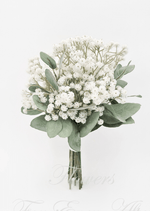 Artificial wedding bridesmaid posy, side view of white faux baby's breath and grey-green leaves with exposed stems. Made in Melbourne by Flowers For Ever After, shipping Australia and Worldwide.