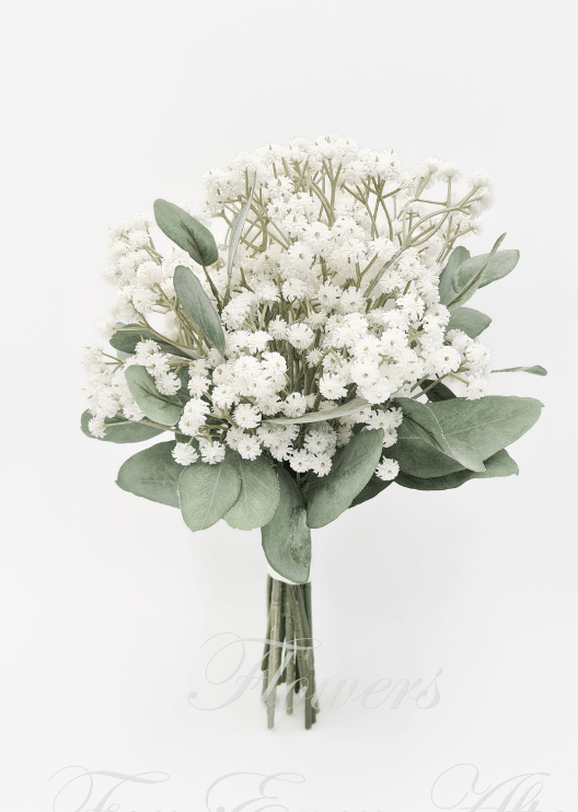 Artificial wedding bridesmaid posy, side view of white faux baby's breath and grey-green leaves with exposed stems. Made in Melbourne by Flowers For Ever After, shipping Australia and Worldwide.