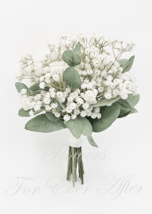 Artificial wedding bridesmaid posy with white faux baby's breath and grey-green leaves, with a white ribbon-wrapped handle. Made in Melbourne by Flowers For Ever After, shipping Australia and Worldwide.