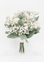 Artificial wedding hand-tied bouquet with white faux baby's breath, rounded eucalyptus leaves and ivory-wrapped stems. Made in Melbourne by Flowers For Ever After, shipping Australia and Worldwide.