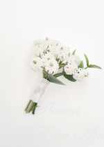Artificial wedding boutonniere with clustered white faux baby's breath, grey-green leaves and ivory-wrapped stems. For formals, proms and ball occasions. Made in Melbourne by Flowers For Ever After, shipping Australia and Worldwide.