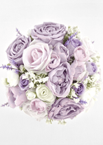 Artificial wedding bouquet, overhead view of lilac faux roses and peonies, ivory ranunculus and tiny white flowers. Made in Melbourne by Flowers For Ever After, shipping Australia and Worldwide.