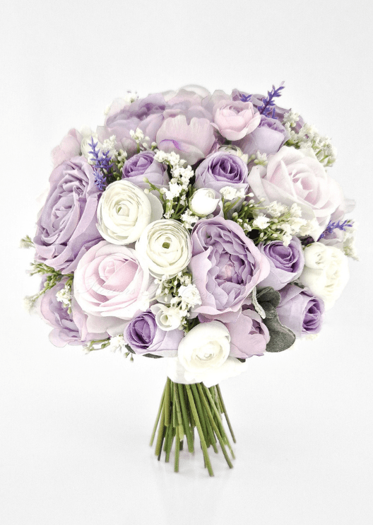 Artificial wedding bridal bouquet with lilac faux roses and peonies, ivory ranunculus, white filler flowers and purple sprigs. Made in Melbourne by Flowers For Ever After, shipping Australia and Worldwide.
