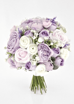 Artificial wedding bridal bouquet with lilac faux roses and peonies, ivory ranunculus, white filler flowers and purple sprigs. Made in Melbourne by Flowers For Ever After, shipping Australia and Worldwide.
