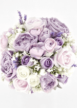Artificial wedding bouquet close-up with lilac faux peonies and rosebuds, ivory ranunculus, white filler flowers and purple sprigs. Made in Melbourne by Flowers For Ever After, shipping Australia and Worldwide.