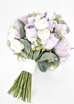 Artificial wedding bouquet, reverse view of lilac faux blooms, ivory ranunculus, grey-green leaves and gathered stems. Made in Melbourne by Flowers For Ever After, shipping Australia and Worldwide.
