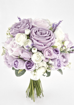 Artificial wedding bridal bouquet, angled view of lilac faux roses and peonies, ivory ranunculus and purple sprigs. Made in Melbourne by Flowers For Ever After, shipping Australia and Worldwide.