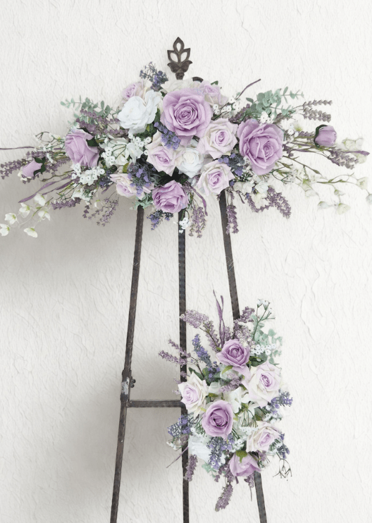 Artificial wedding arbor floral set with lilac and white faux roses, white orchids, purple flower spikes and eucalyptus. Made in Melbourne by Flowers For Ever After, shipping Australia and Worldwide.