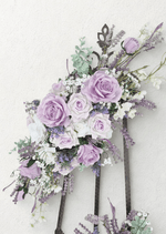Artificial wedding large arbor spray with lilac and white faux roses, white orchids, tiny white flowers and purple sprigs. Made in Melbourne by Flowers For Ever After, shipping Australia and Worldwide.