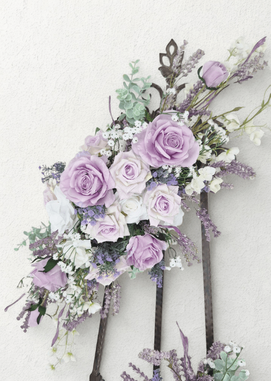 Artificial wedding large arbor spray with lilac and white faux roses, white orchids, tiny white flowers and purple sprigs. Made in Melbourne by Flowers For Ever After, shipping Australia and Worldwide.
