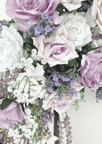 Artificial wedding arbor flower close-up with lilac and white faux roses, purple blossoms, white orchids and tiny white flowers. Made in Melbourne by Flowers For Ever After, shipping Australia and Worldwide.