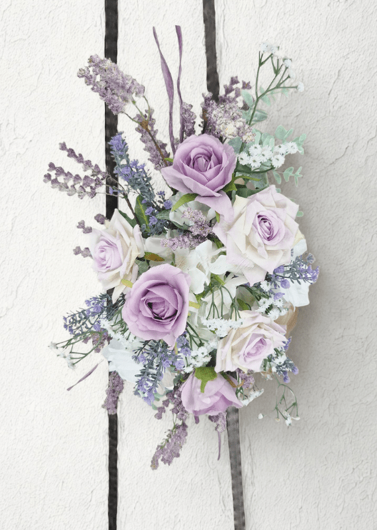 Artificial wedding smaller arbor spray with lilac and white faux roses, white orchids and tall purple flower spikes. Made in Melbourne by Flowers For Ever After, shipping Australia and Worldwide.