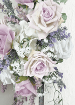 Artificial wedding arbor flower close-up with white-to-lilac faux roses, purple blossoms and tiny white flowers. Made in Melbourne by Flowers For Ever After, shipping Australia and Worldwide.