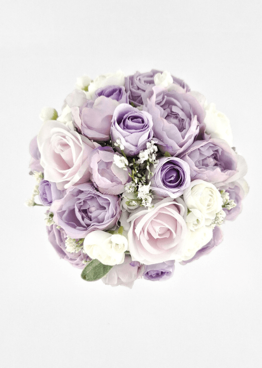 Artificial wedding bouquet, overhead view of lilac faux roses and peonies, ivory ranunculus and tiny white flowers. Made in Melbourne by Flowers For Ever After, shipping Australia and Worldwide.