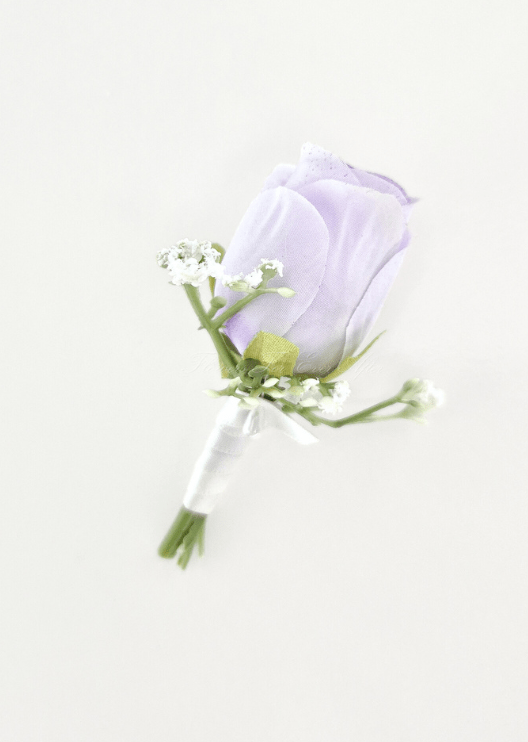 Artificial wedding boutonniere with a lilac faux rosebud, tiny white flowers and white-wrapped stems. For formals, proms and ball occasions. Made in Melbourne by Flowers For Ever After, shipping Australia and Worldwide.