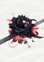 Artificial wedding wrist corsage with a black faux rose, burgundy blossoms, three clear jewel accents and black and burgundy ribbons. For formals, proms and ball occasions. Made in Melbourne by Flowers For Ever After, shipping Australia and Worldwide.