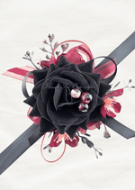 Artificial wedding wrist corsage, top view of a black faux rose with clear jewel accents, burgundy blossoms and ribbon loops. For formals, proms and ball occasions. Made in Melbourne by Flowers For Ever After, shipping Australia and Worldwide.